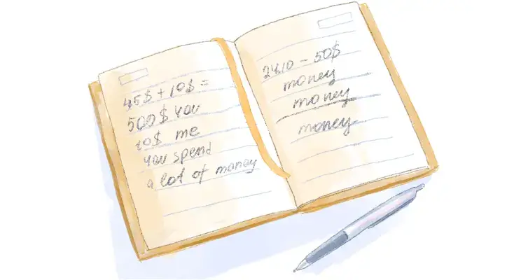 A notebook where a partner notes all expenses as a sign of economic abuse