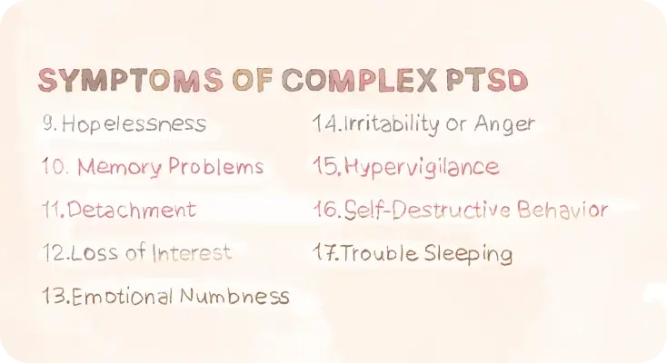 Complext PTSD: Emotional challenges; cognitive challenges, such as dissociation and selective memory loss; Challenges and chaos in interpersonal relationships
