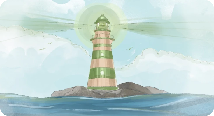 The glowing lighthouse in the sea symbolizes green flags in a relationship