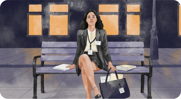 A woman left the office and is sitting on a bench outside thinking about imposter syndrome test