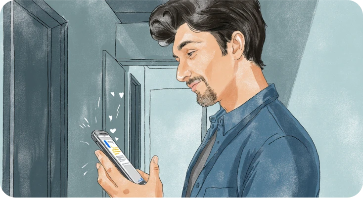 Cheating man smiles while texting on his phone