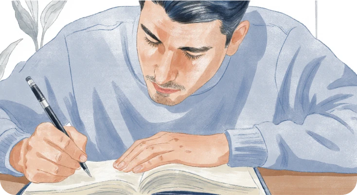 A guy writes down his thoughts in a notebook after taking the ‘Am I Depressed?’ quiz.