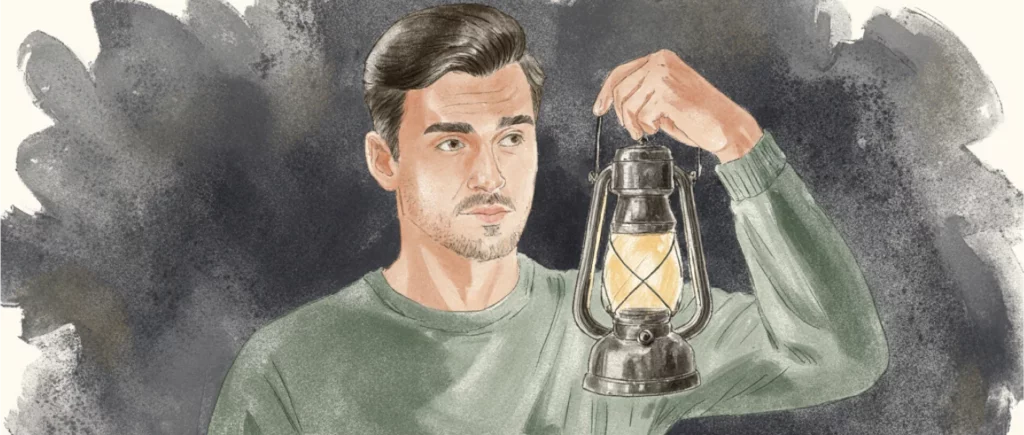 The guy holds a lantern and thinks, "Why do I feel lost?"