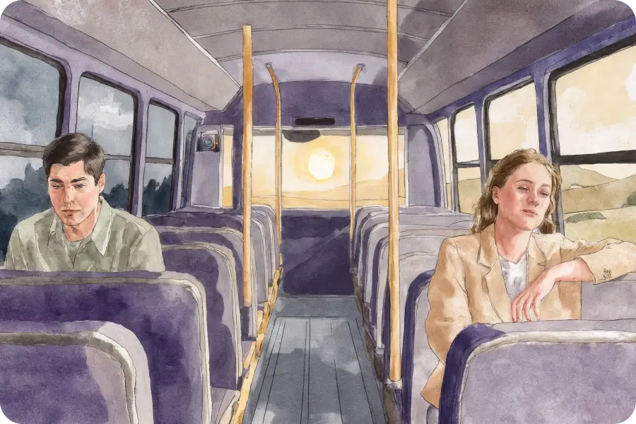 a man and a woman sitting in a bus, woman is happy on the one side and man is sad on the other side, wondering why nobody cares about him